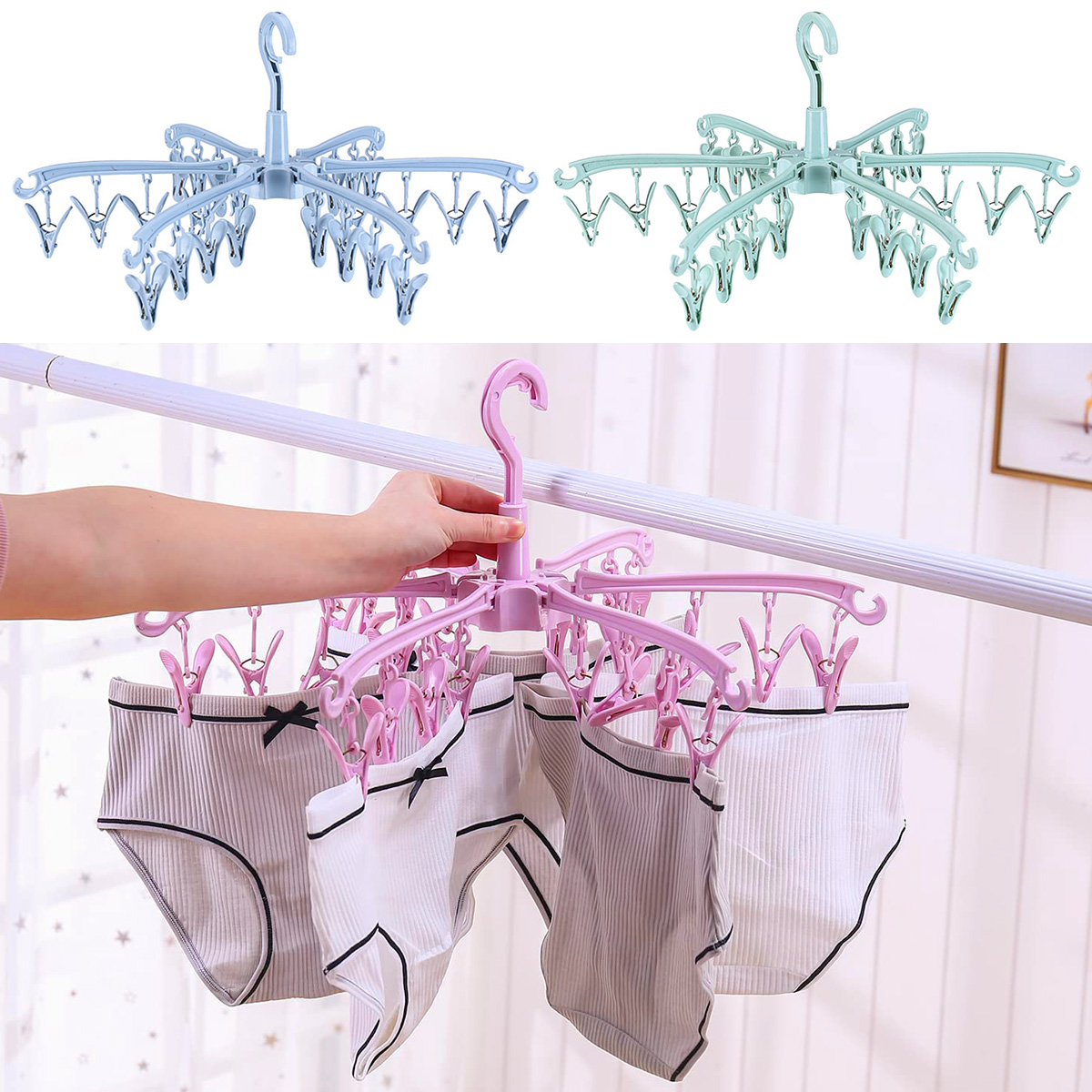 Sock Organizer Tray - 24 Clips Opvouwbare Kledingdroger Draaibare Hanger